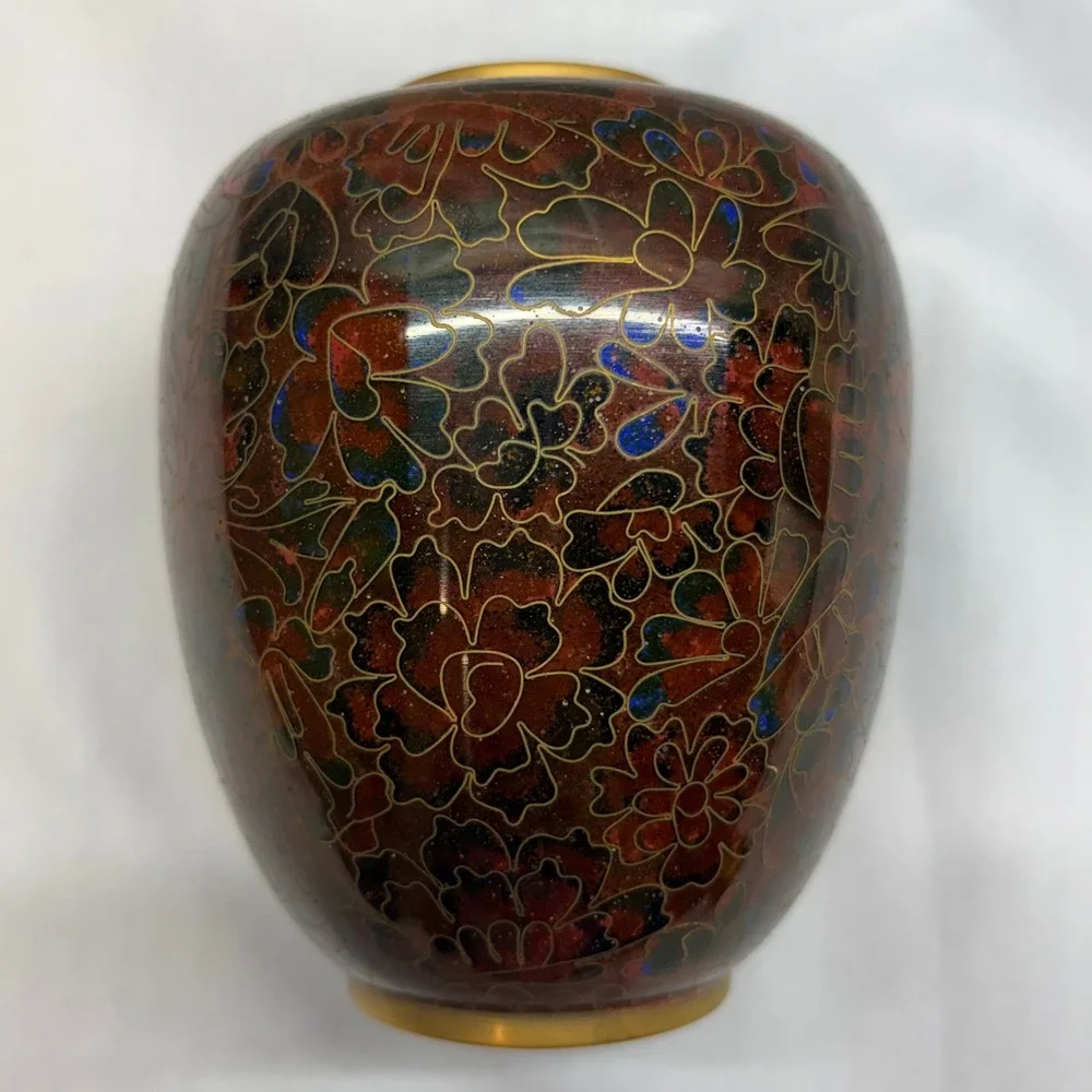 Vintage Cloisonne Enamel Vase Small Red Floral Brass 4.75in Good Chinoiserie